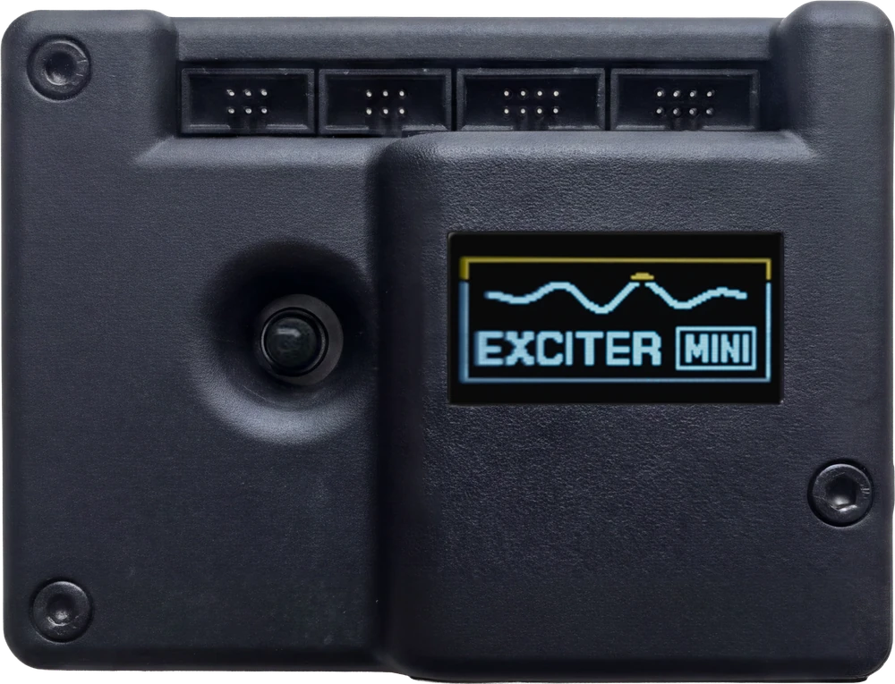 Exciter Mini Compact revision — front view with OLED status display