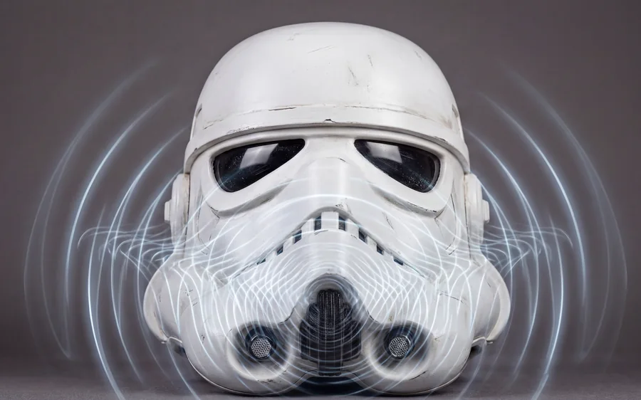 Cosplay helmet with sound waves radiating outward from the built-in voice modulator