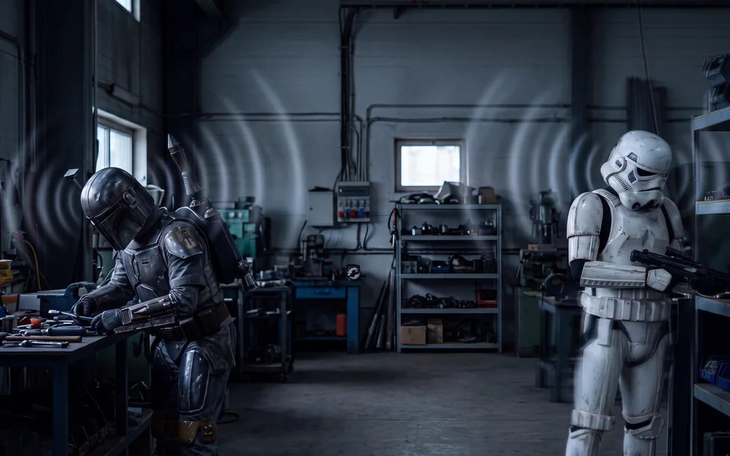 Two costumed cosplayers in a workshop, sound waves around their helmets as they talk helmet-to-helmet